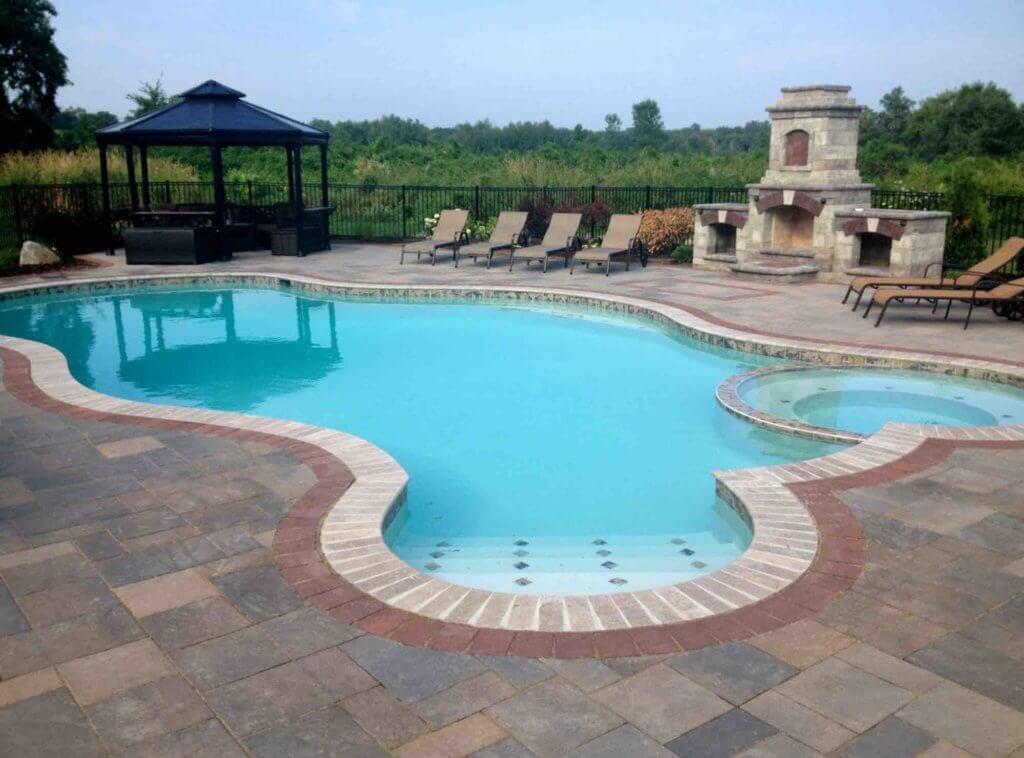 Pool designs and paving with fire pit