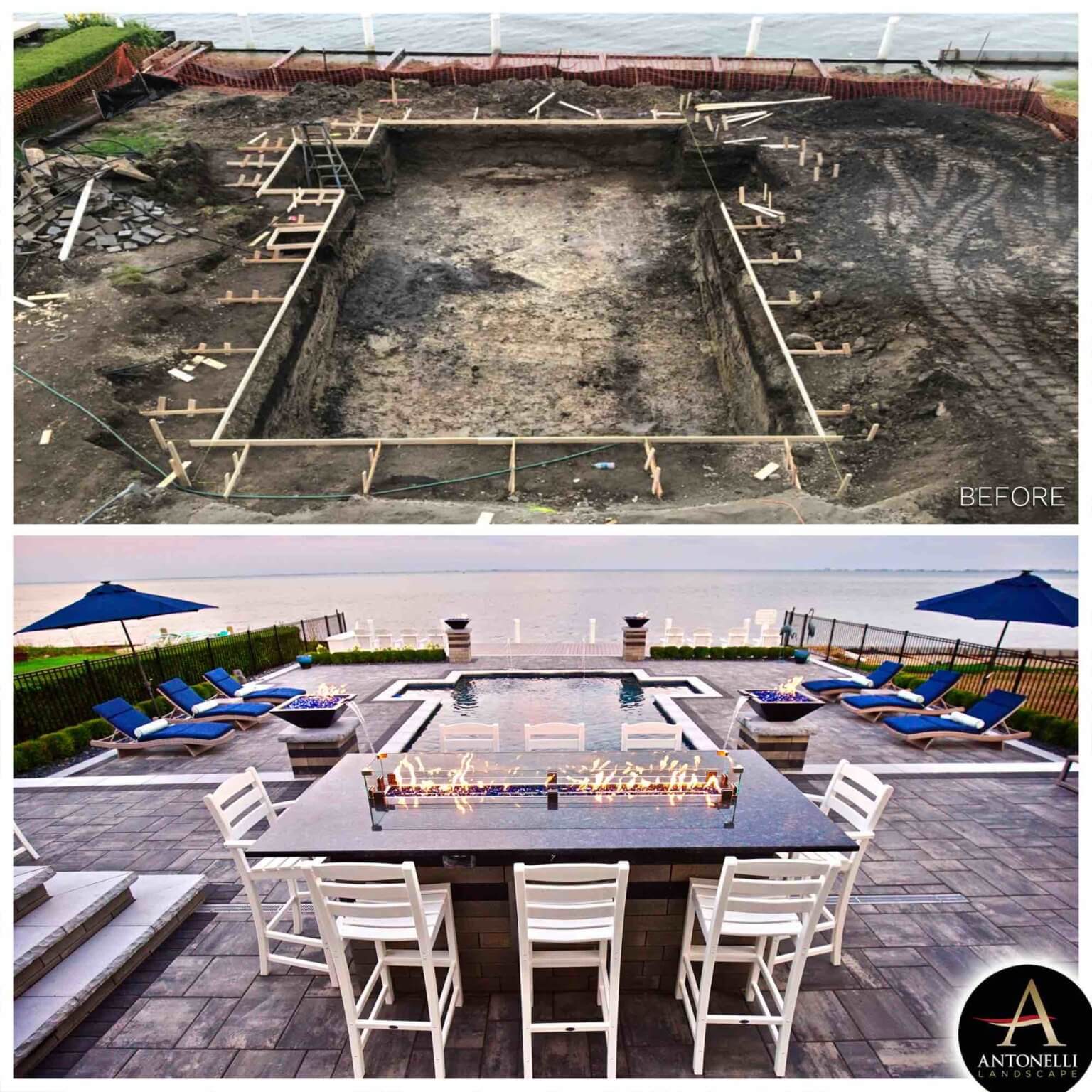 before and after photos of a lakeside pool